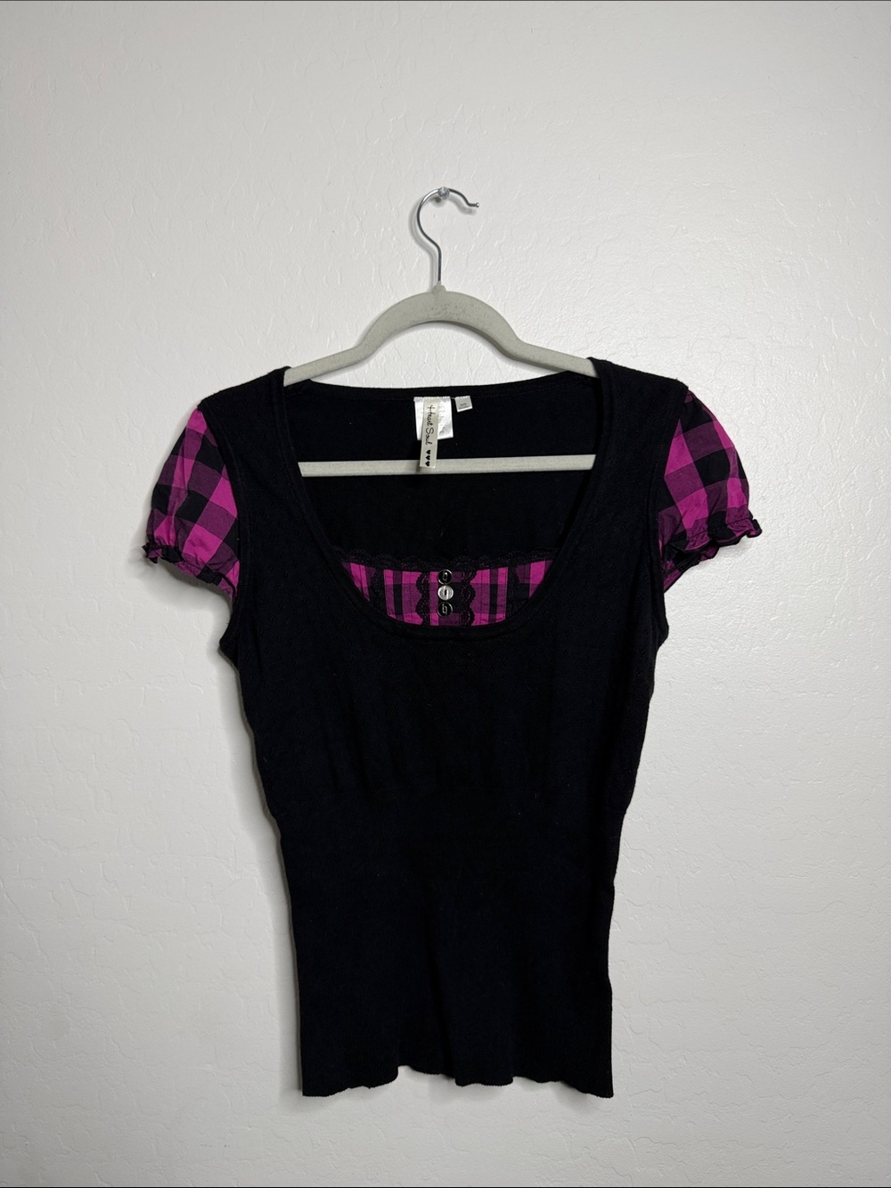 Black Top with Pink Plaid Sleeve Accents
